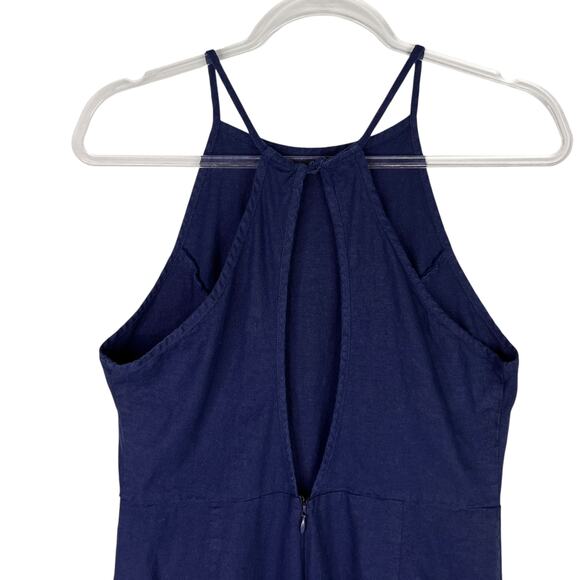 Urban Outfitters Hattie High Neck Linen Jumpsuit Navy 10 Pockets Stretch - Picture 13 of 16